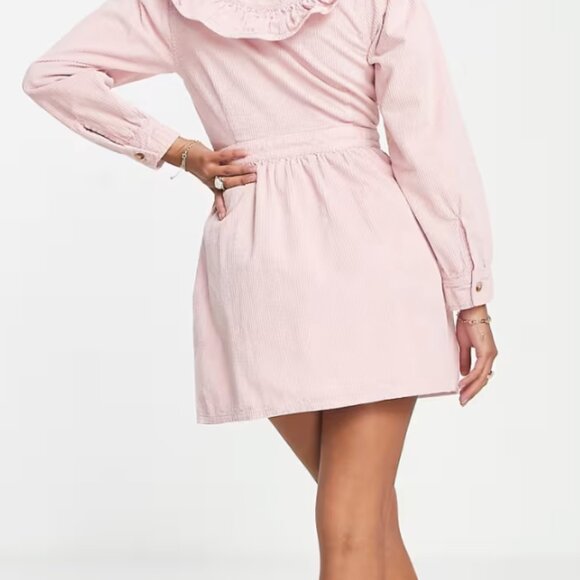 Miss Selfridge petite ruffle yolk corduroy dress in pink - Picture 2 of 6